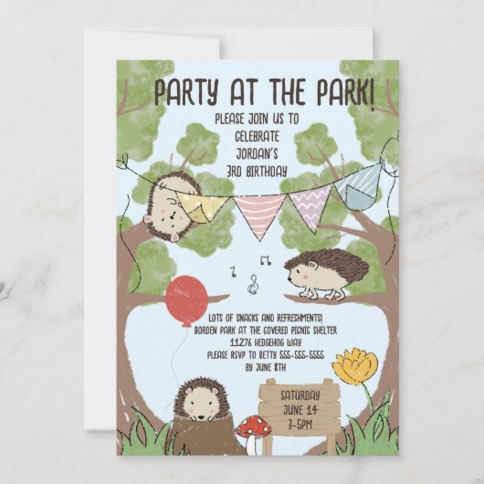 ヘッジホッカラフルグスケッチパークパーティー子供の誕生日 招待状 (正面)