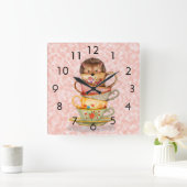 ヘッジホッグカラフルとティーカップがピンクの壁掛け時計 スクエア壁時計 (ホーム)
