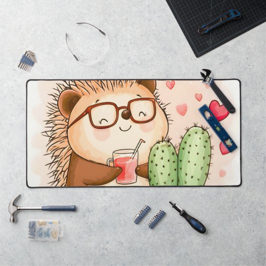 ヘッジホッグサボテン応援水彩 デスクマット (ワークステーション)