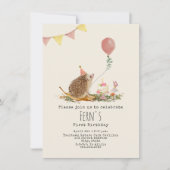 ヘッジホッグピンクバルーンフォレストファースト誕生日 招待状 (正面)