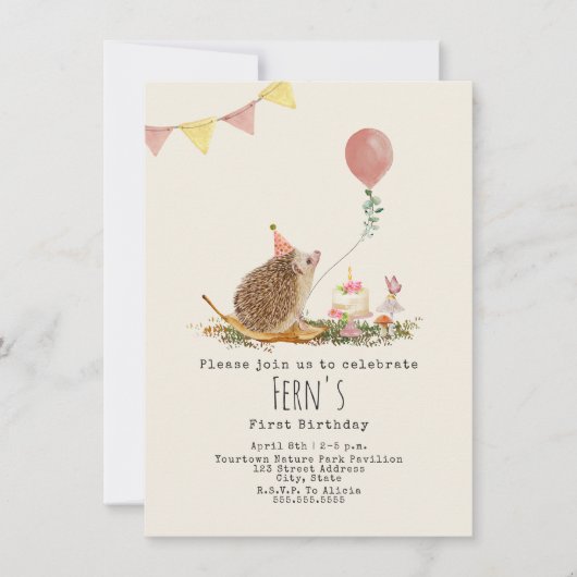 ヘッジホッグピンクバルーンフォレストファースト誕生日 招待状 (正面)