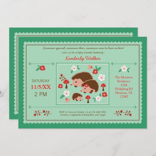 ヘッジホッグファミリーベビユニセックスーシャワー招待状 招待状 (正面/裏面)