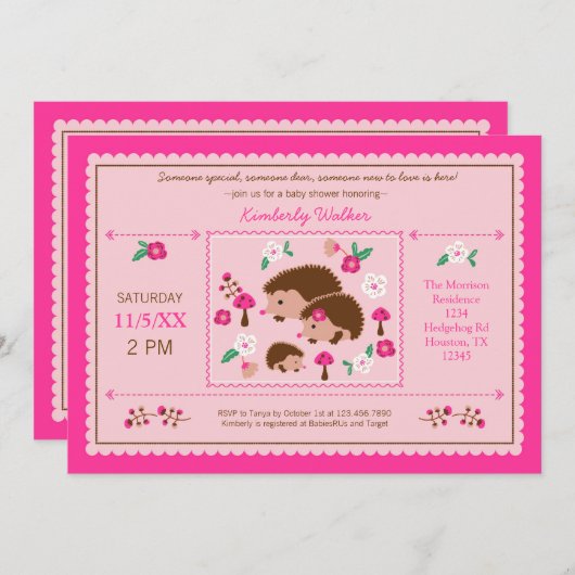 ヘッジホッグファミリーベビーガールシャワー招待状 招待状 (正面/裏面)