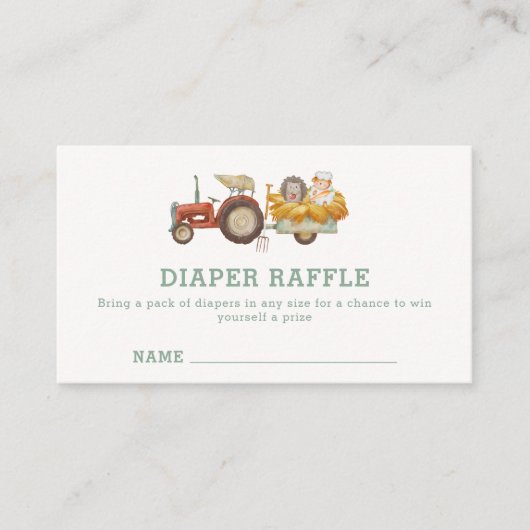 ヘッジホッグファームトラクターおむつラッフルベビーシャワー エンクロージャーカード (正面)