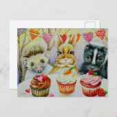 ヘッジホッグラビットスカンク&カップケーズウォーターカラーアート ポストカード (正面/裏面)