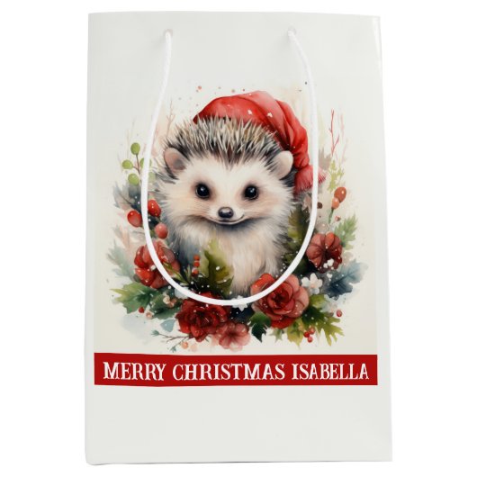 ヘッジホッグ受信者の名前を追加かわいいクリスマス ミディアムペーパーバッグ (正面)