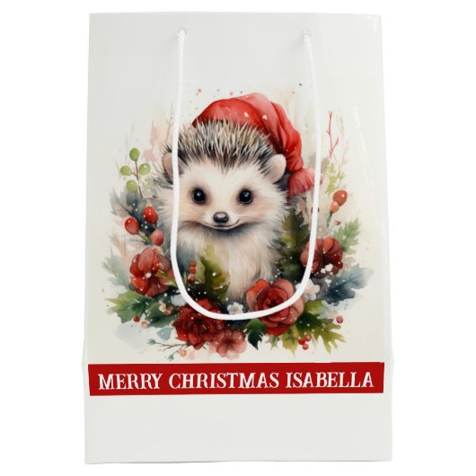 ヘッジホッグ受信者の名前を追加かわいいクリスマス ミディアムペーパーバッグ (裏面)