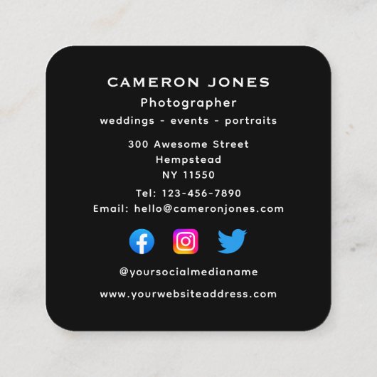 ヘッドショットフォトソーシャルメディアFreelanceフォトグラファー スクエア名刺 (裏面)