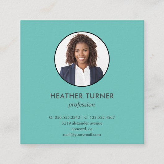 ヘッドショットフォトQRコードまたはロゴプロフェッショナルティール（緑がかった色） スクエア名刺 (正面)