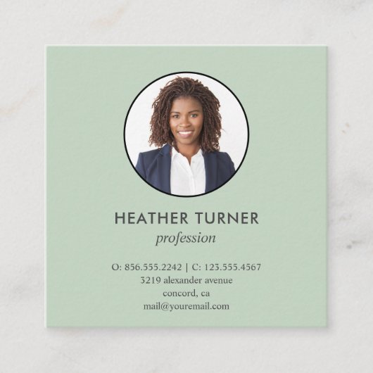 ヘッドショットフォトQRコードまたはロゴプロフェッショナル緑 スクエア名刺 (正面)
