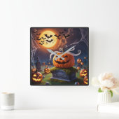 ヘッドストーンに乗ったハロウィーンのカボチャ スクエア壁時計 (ホーム)