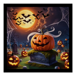 ヘッドストーンに乗ったハロウィーンのカボチャ ポスター
