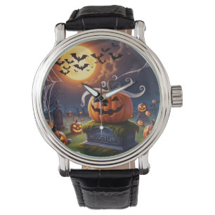 ヘッドストーンに乗ったハロウィーンのカボチャ 腕時計