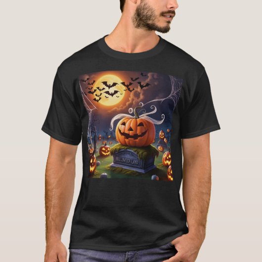 ヘッドストーンに乗ったハロウィーンのカボチャ Tシャツ (正面)