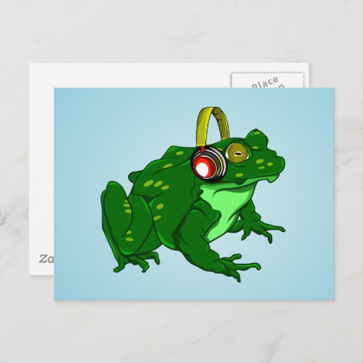 ヘッドフォンおもしろいを着たブルガエル ポストカード (正面/裏面)