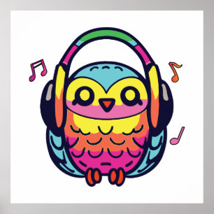 ヘッドフォンでハッピー聞フクロウ音楽に。 ポスター