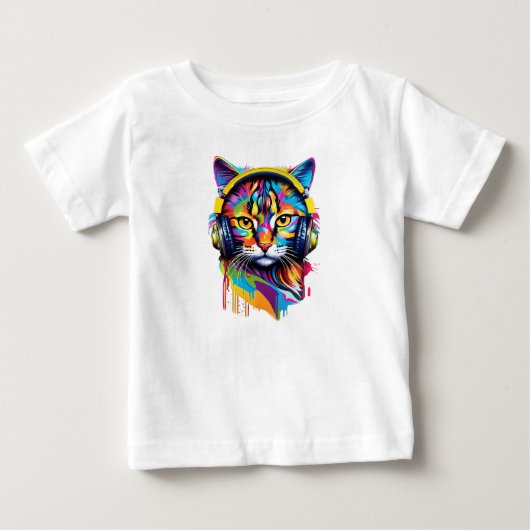 ヘッドフォンで猫を飼う ベビーTシャツ (正面)