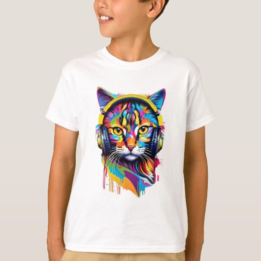 ヘッドフォンで猫を飼う Tシャツ (正面)