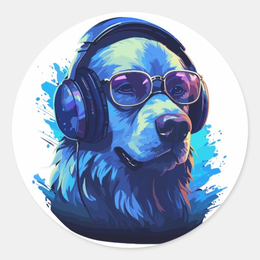 ヘッドフォンで音楽を愛する犬 ラウンドシール (正面)