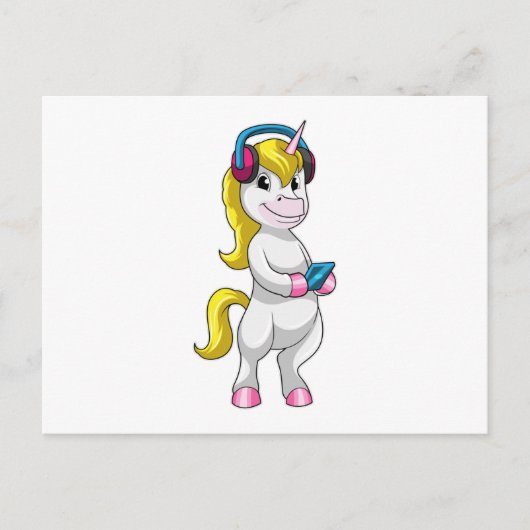 ヘッドフォンで音楽を聴くユニコーン ポストカード (正面)