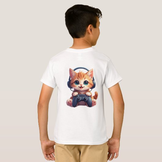 ヘッドフォンとコントローラーを持った猫 Tシャツ (裏面フル)