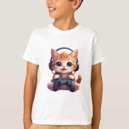 ヘッドフォンとコントローラーを持った猫 Tシャツ