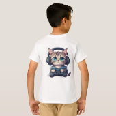 ヘッドフォンとコントローラーを持った猫 Tシャツ (裏面フル)