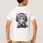 ヘッドフォンとコントローラーを持った猫 Tシャツ (裏面)