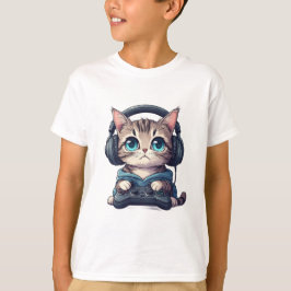 ヘッドフォンとコントローラーを持った猫 Tシャツ