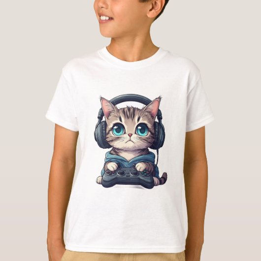 ヘッドフォンとコントローラーを持った猫 Tシャツ (正面)