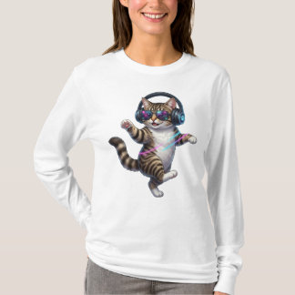 ヘッドフォンとサングラスをかけたかっこいいダンシングキャット Tシャツ