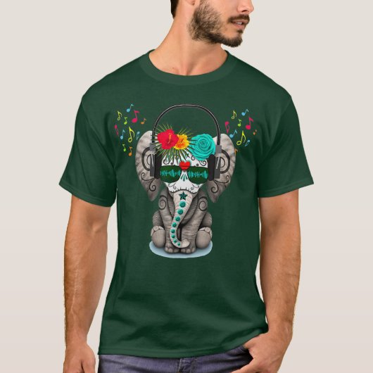 ヘッドフォンとサングラス付きDjゾウ Tシャツ (正面)