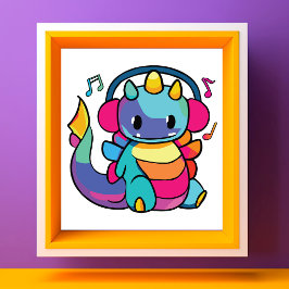 ヘッドフォンと幸せ聞なドラゴンが音楽に。 フォトプリント           