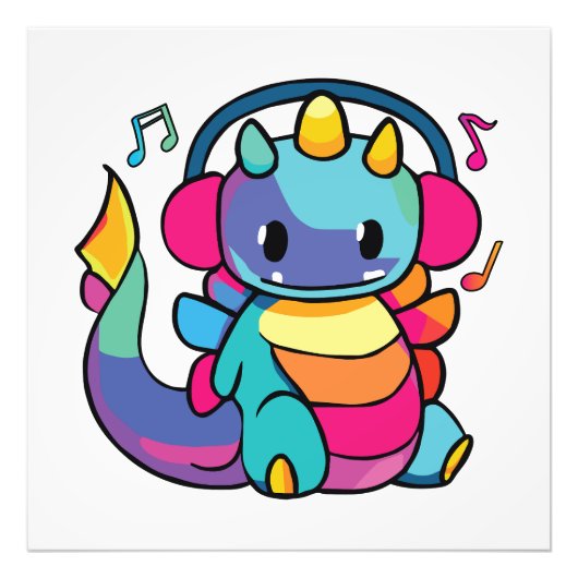 ヘッドフォンと幸せ聞なドラゴンが音楽に。 フォトプリント            (正面)