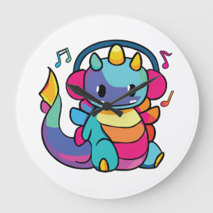 ヘッドフォンと幸せ聞なドラゴンが音楽に。 ラージ壁時計