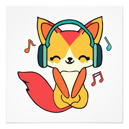 ヘッドフォンと幸せ聞なフォックス音楽。 フォトプリント            (正面)