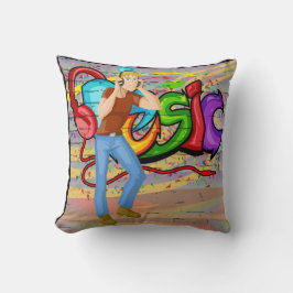 ヘッドフォンと音楽グラフィティウォールを持つ男 クッション