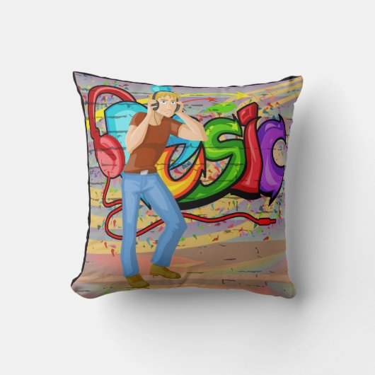 ヘッドフォンと音楽グラフィティウォールを持つ男 クッション (正面)