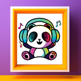 ヘッドフォンをつけたハッピーなパンダが音楽を聴いている。 フォトプリント           