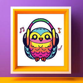 ヘッドフォンをつけたハッピーオウルが音楽を聴いている。 フォトプリント           