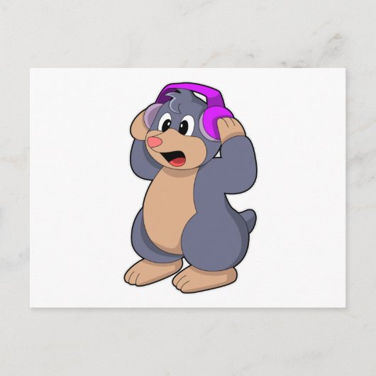 ヘッドフォンをつけた音楽のモグラ ポストカード (正面)