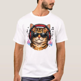 ヘッドフォンをつけた音楽好きな猫 Tシャツ