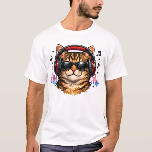 ヘッドフォンをつけた音楽好きな猫 Tシャツ (正面)