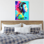 ヘッドフォンを持つ美しい少女 キャンバスプリント (インサイチュ (寝室))