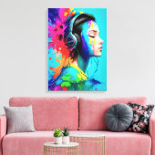 ヘッドフォンを持つ美しい少女 キャンバスプリント (インサイチュ (リビング))