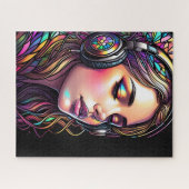 ヘッドフォンを着た水色ステンドグラス少女 ジグソーパズル (横)