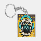 ヘッドフォンを着たPUG キーホルダー (正面左)