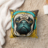 ヘッドフォンを着たPUG クッション (ブランケット)