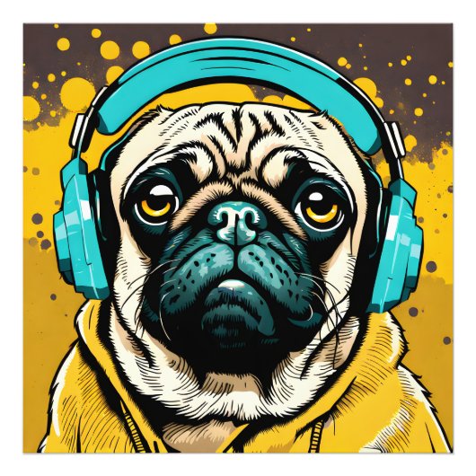 ヘッドフォンを着たPUG フォトプリント            (正面)