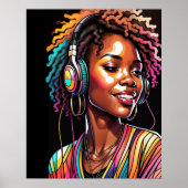 ヘッドフォンを装着した水彩色ステンドグラス女性 ポスター (正面)